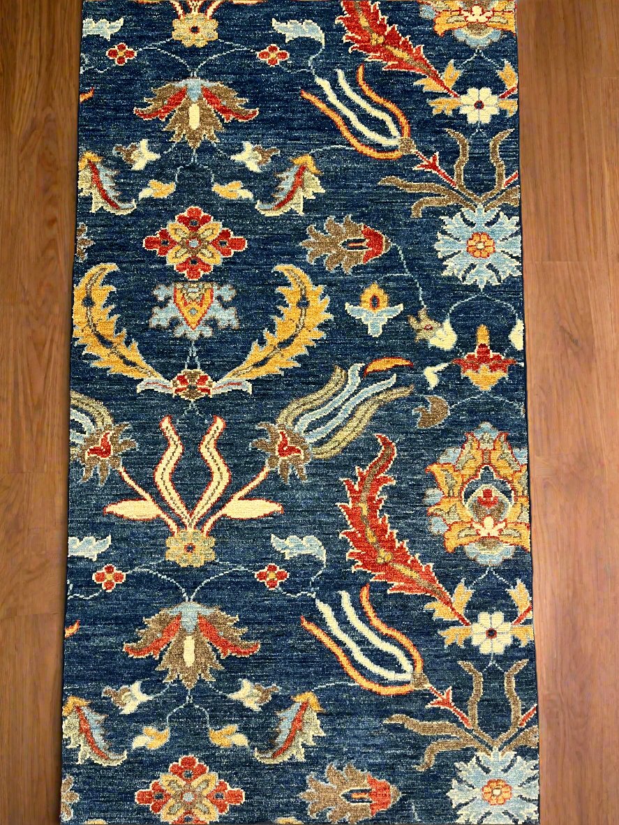 Navy floral 2' 6"X13 Handmade Wool Runner Rug # 11367