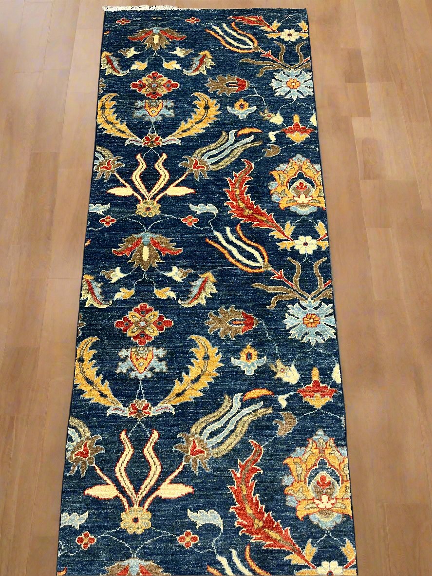 Navy floral 2' 6"X13 Handmade Wool Runner Rug # 11367