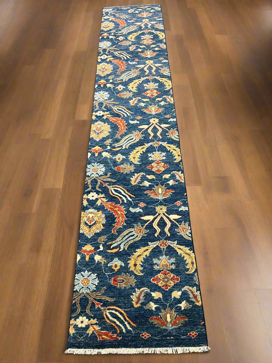 Navy floral 2' 6"X13 Handmade Wool Runner Rug # 11367