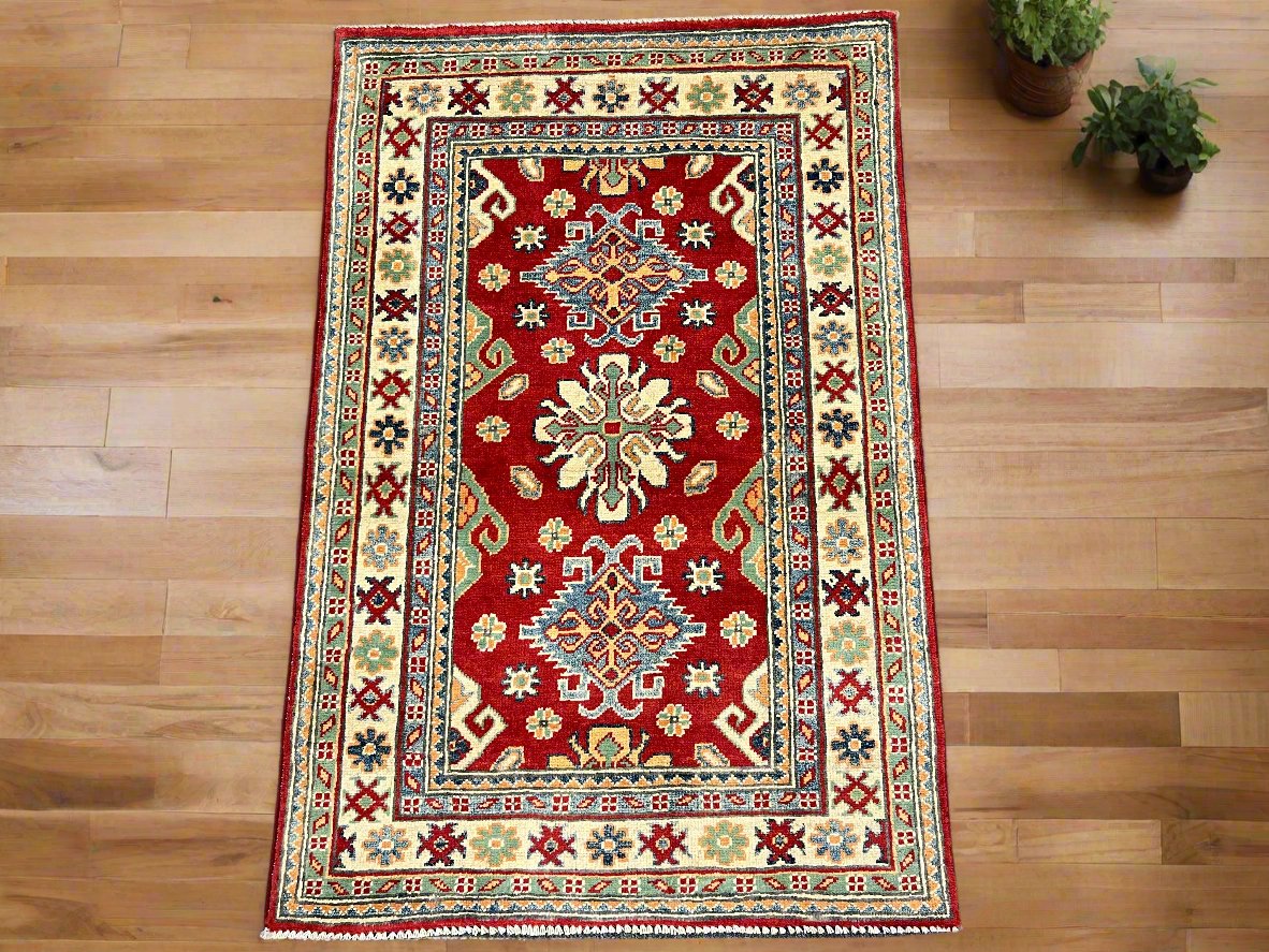 Geometric Red Kazak 3X4 Handmade Wool Rug # 14473