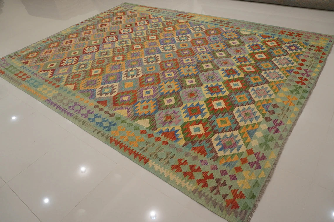 10X13 Maymana Hand-woven Wool Kilim Rug # 14746