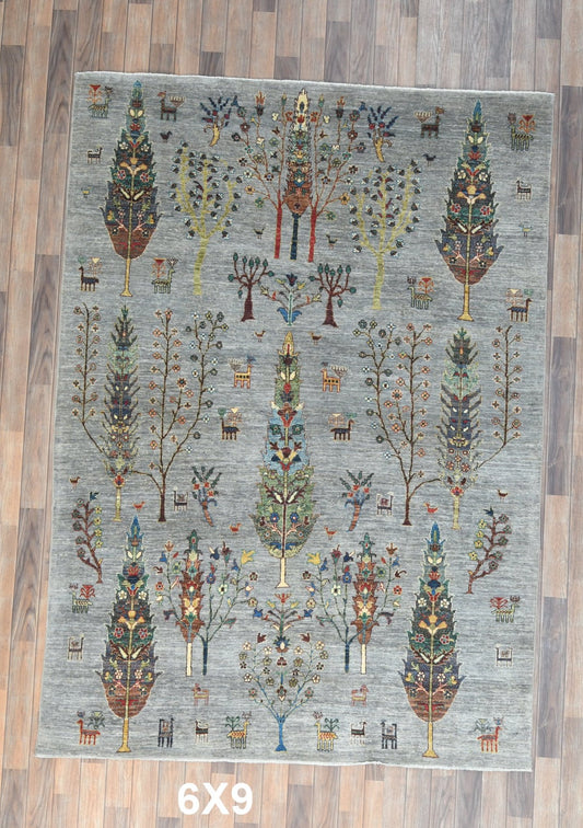 Silver Gray Tree of Life 6X9 Handmade Wool Rug # 14617