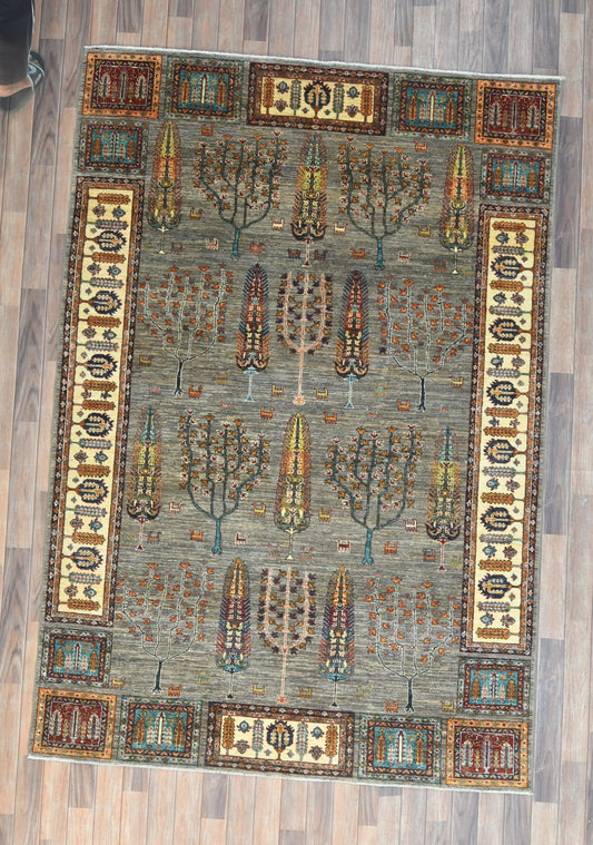 Gray Tree of Life 6X9 Handmade Wool Rug # 14618