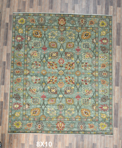 8X10 Afghan Mohal Blue Green Handmade Wool Rug # 14619
