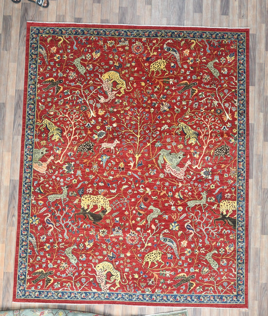 8X10 Safavid Design Qajar Rust/Blue Handmade Wool Rug # 14620