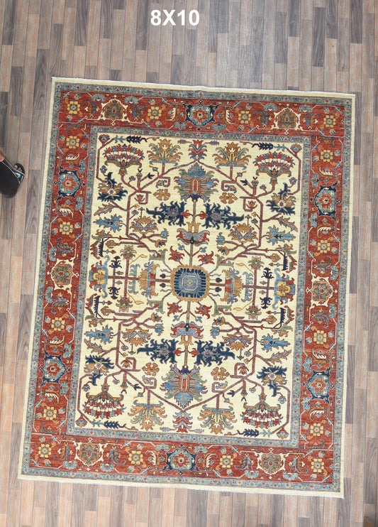 8X10 Afghan Serapi Beige/Rust Handmade Wool Rug # 14621