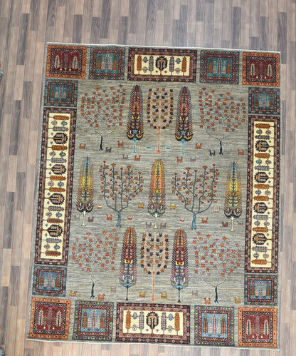 8X10 Afghan Tree of Life Silver Handmade Wool Rug # 14622