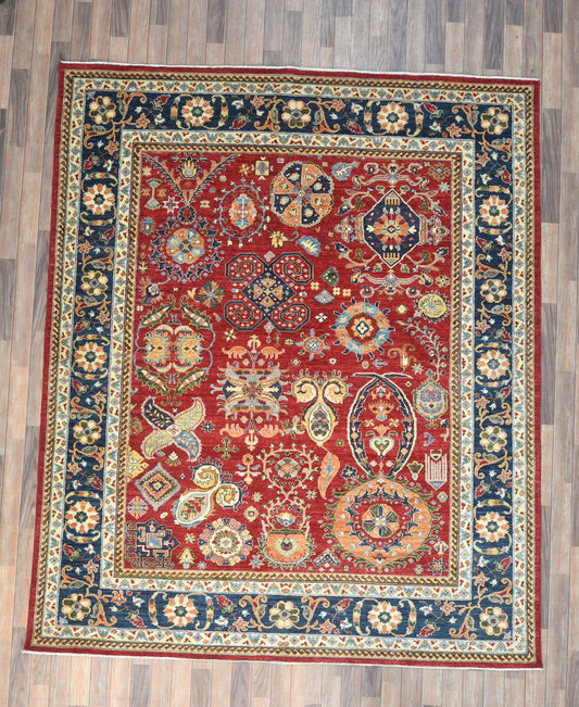 8X10 Afghan Agra Red/Navy Handmade Wool Rug # 14624