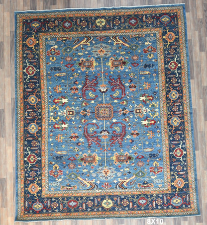 8X10 Afghan Bijer Gray/Light Blue Handmade Wool Rug # 14607