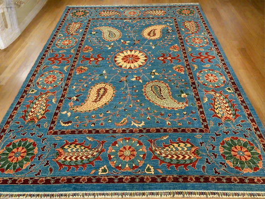 Mint Blue 9X12 Suzani Handmade Wool Rug # 11250