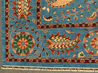 Mint Blue 9X12 Suzani Handmade Wool Rug # 11250