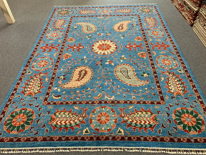 Mint Blue 9X12 Suzani Handmade Wool Rug # 11250