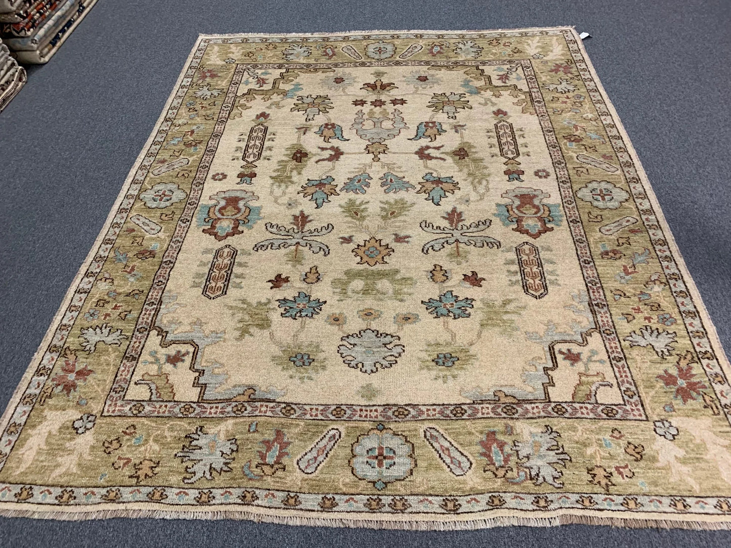 Oushak 8X10 Beige/Green Handmade Wool Rug # 7176