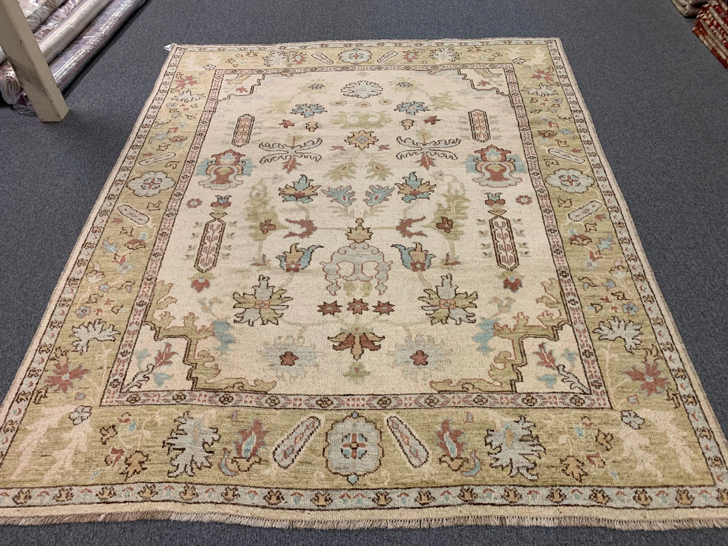 Oushak 8X10 Beige/Green Handmade Wool Rug # 7176