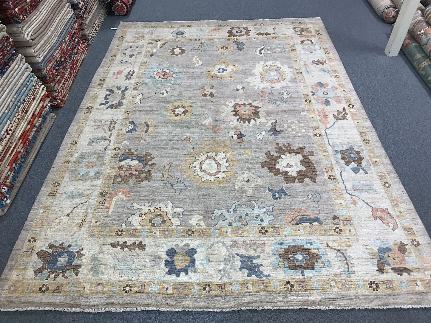 Oushak Silver/Ivory 10X14 Handmade Wool Rug # 12190
