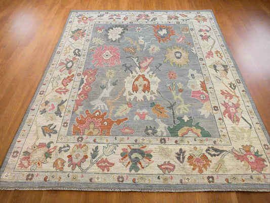 Gray Oushak 8X10 Blue/Beige Handmade Wool Rug # 12247