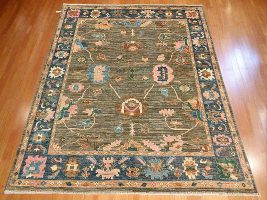 Oushak 8X10 Soft Brown/Blue Handmade Wool Rug # 12187