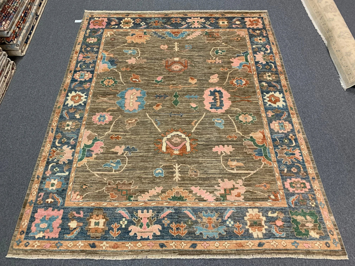 Oushak 8X10 Soft Brown/Blue Handmade Wool Rug # 12187