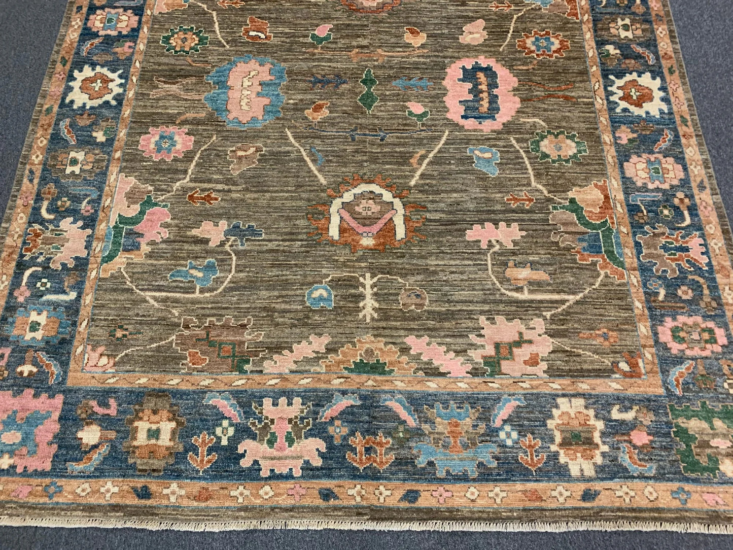 Oushak 8X10 Soft Brown/Blue Handmade Wool Rug # 12187