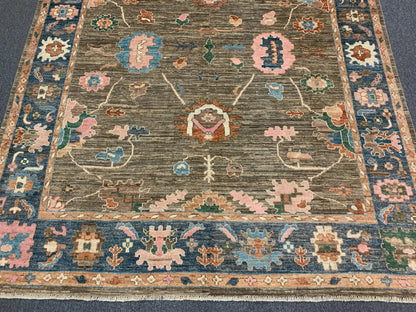 Oushak 8X10 Soft Brown/Blue Handmade Wool Rug # 12187