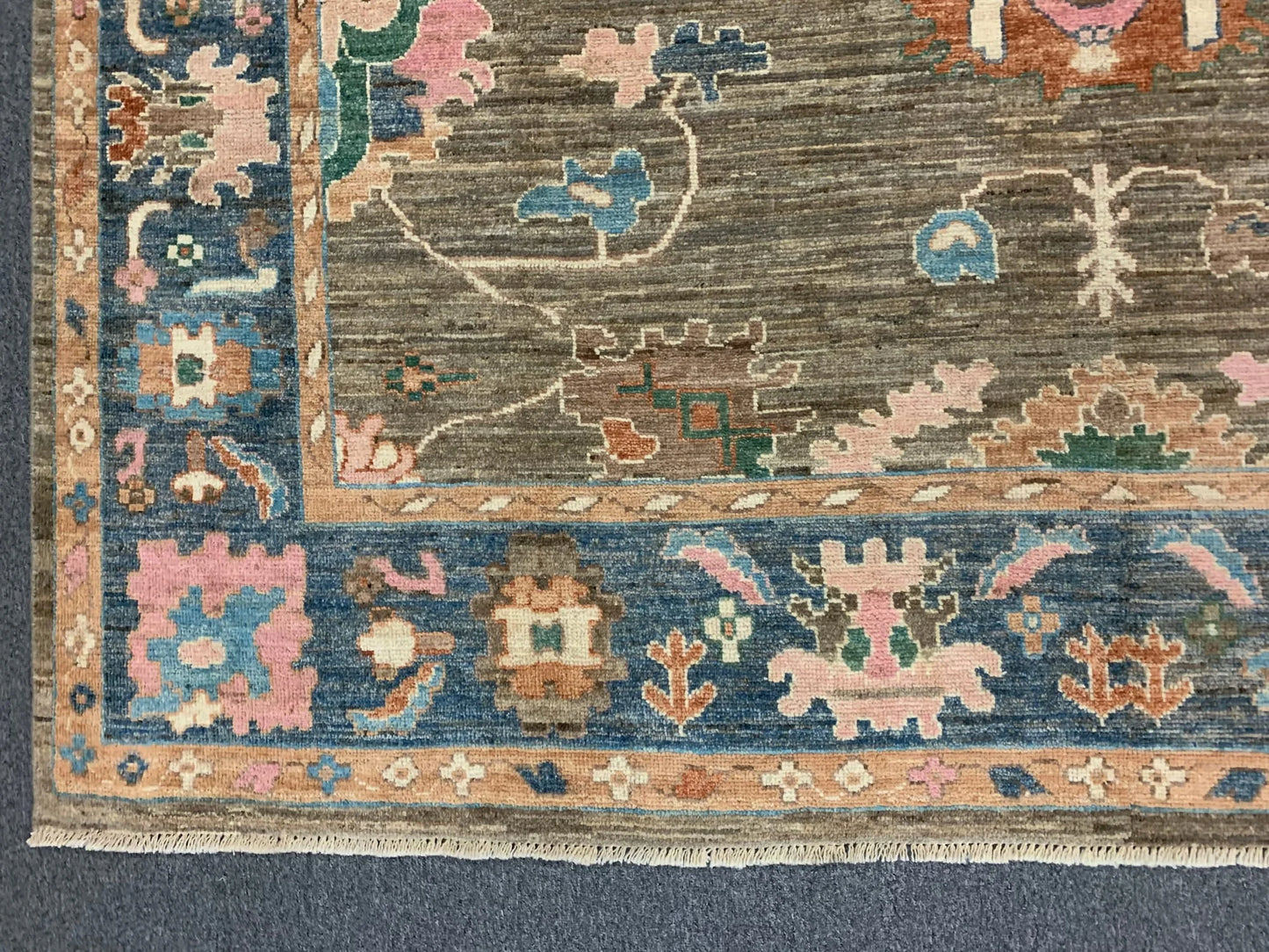 Oushak 8X10 Soft Brown/Blue Handmade Wool Rug # 12187