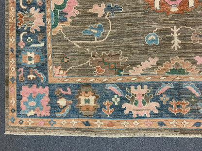 Oushak 8X10 Soft Brown/Blue Handmade Wool Rug # 12187