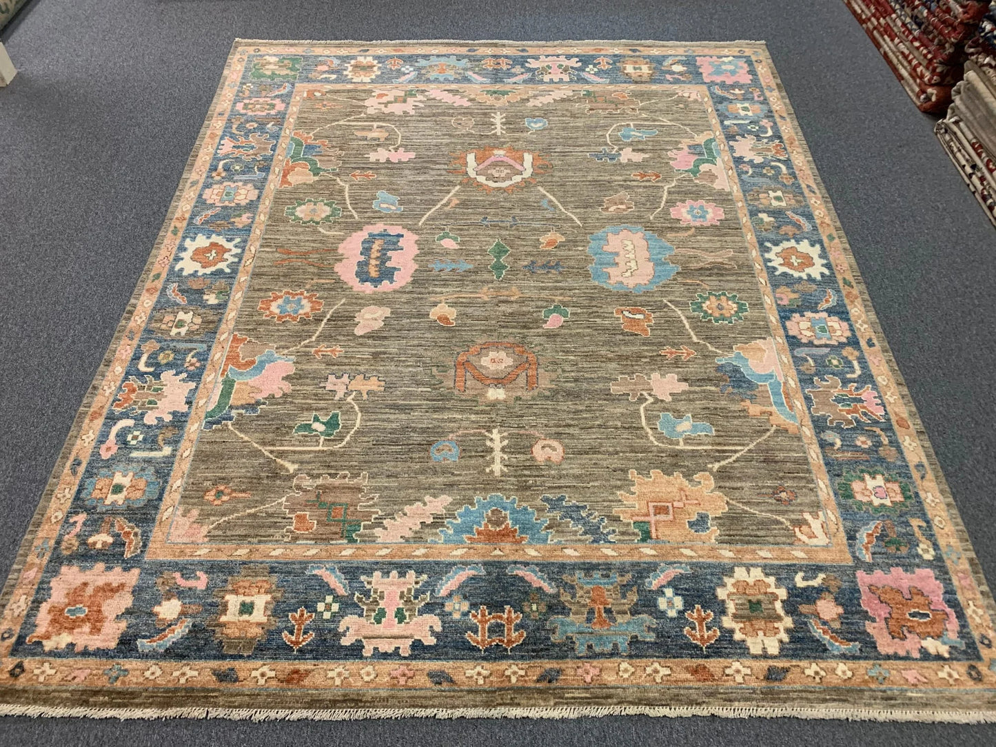 Oushak 8X10 Soft Brown/Blue Handmade Wool Rug # 12187