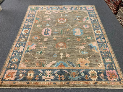 Oushak 8X10 Soft Brown/Blue Handmade Wool Rug # 12187
