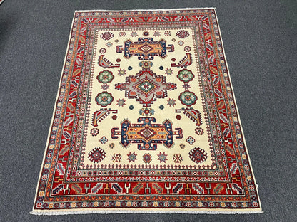 Kazak Ivory/Red 5X7 Handmade Wool Rug # 12676