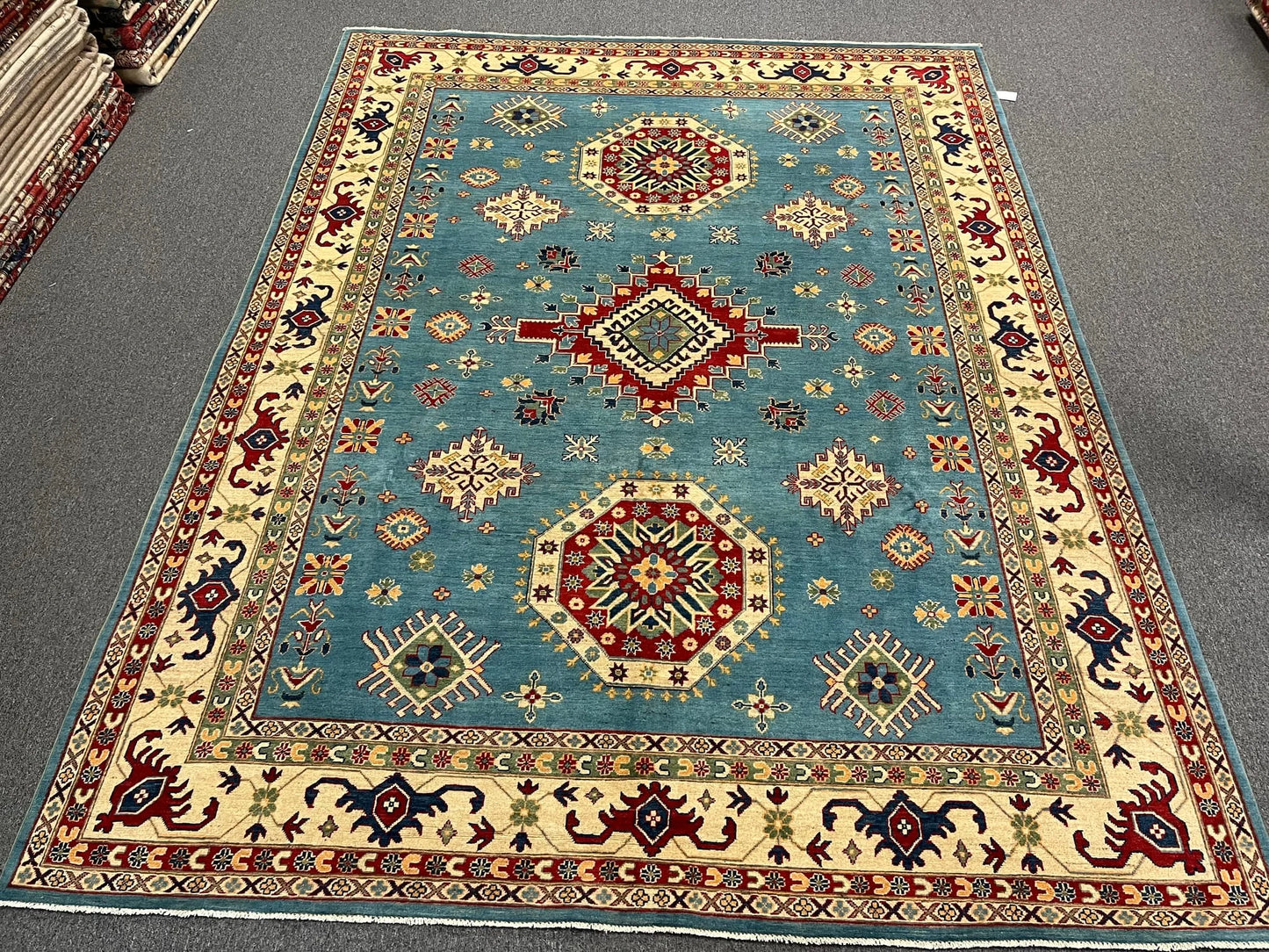 Kazak Light Blue 9X12 Handmade Wool Rug # 12481