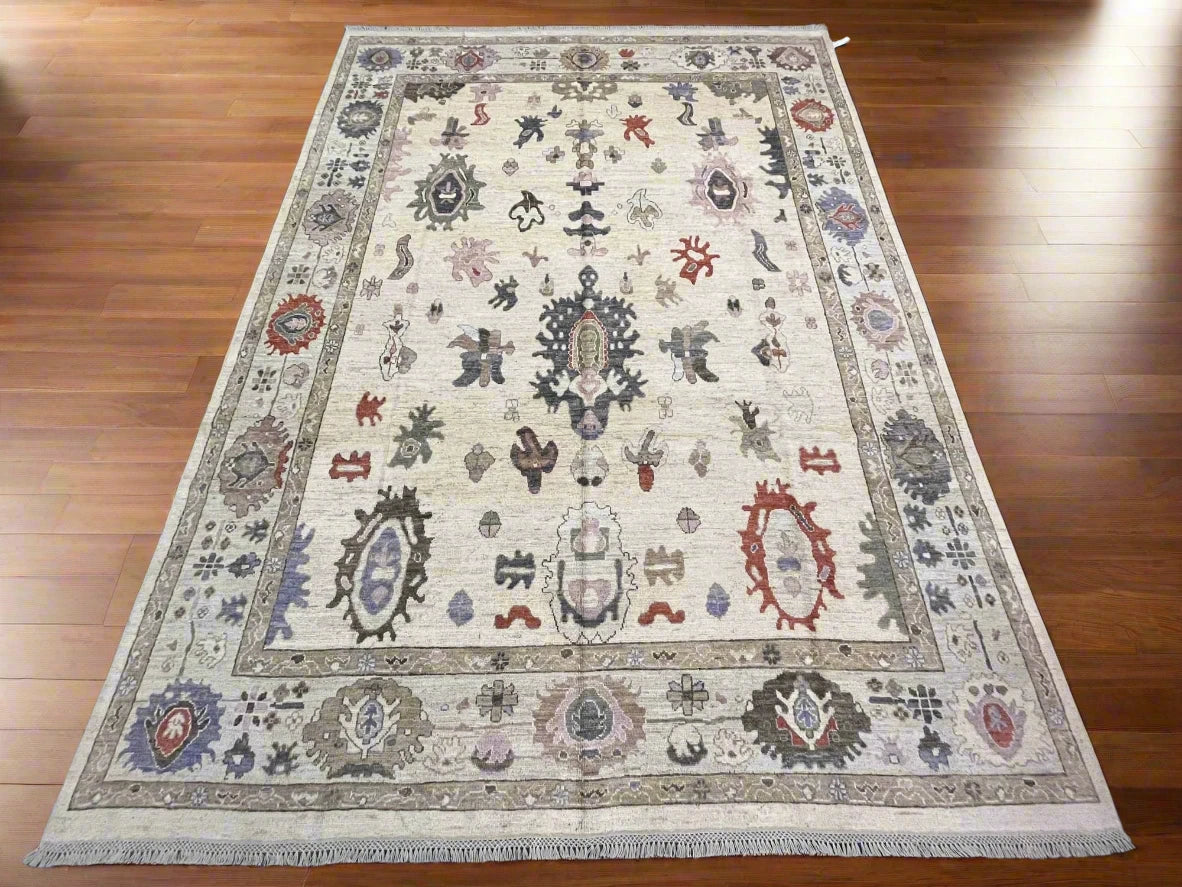 Ivory/Soft Green Oushak 9X12 Handmade Wool Rug # 11881