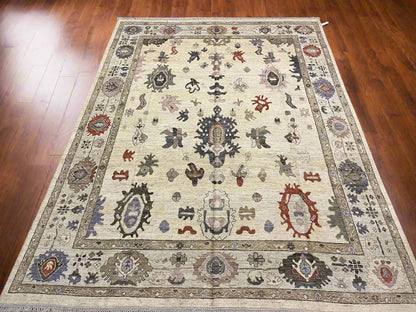 Ivory/Soft Green Oushak 9X12 Handmade Wool Rug # 11881