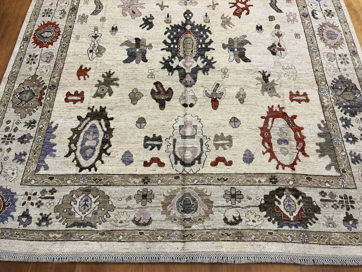 Ivory/Soft Green Oushak 9X12 Handmade Wool Rug # 11881