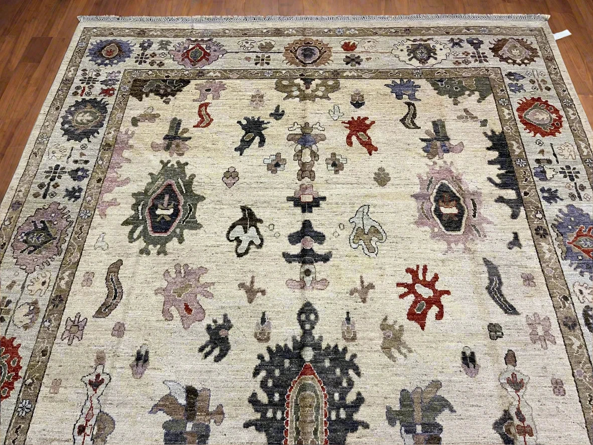 Ivory/Soft Green Oushak 9X12 Handmade Wool Rug # 11881