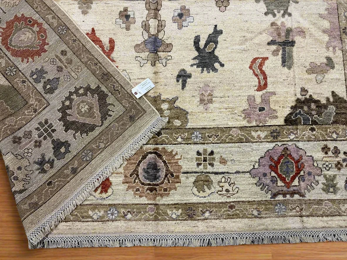 Ivory/Soft Green Oushak 9X12 Handmade Wool Rug # 11881