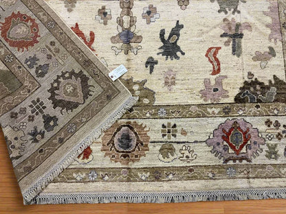 Ivory/Soft Green Oushak 9X12 Handmade Wool Rug # 11881