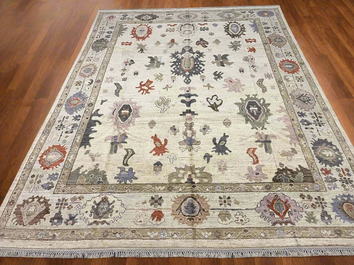 Ivory/Soft Green Oushak 9X12 Handmade Wool Rug # 11881