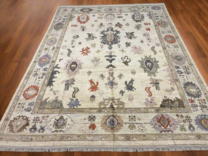 Ivory/Soft Green Oushak 9X12 Handmade Wool Rug # 11881