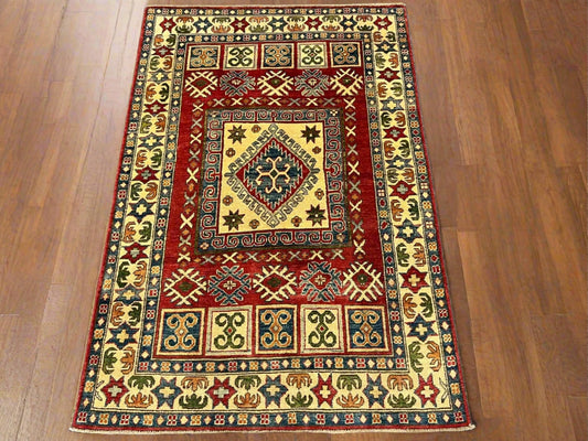 Kazak Geometric Multicolor 4X6 Handmade Wool Rug # 9908
