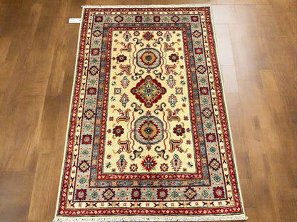 Kazak Beige Geometric 4X6 Handmade Wool Rug # 13053
