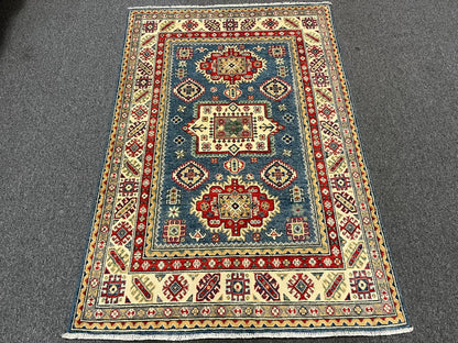 Kazak Light Blue Geometric 4X6 Handmade Wool Rug # 12989
