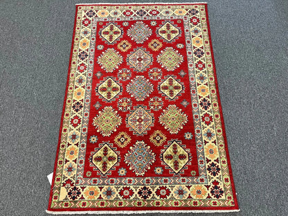 Kazak Red Geometric 4X6 Handmade Wool Rug # 12995