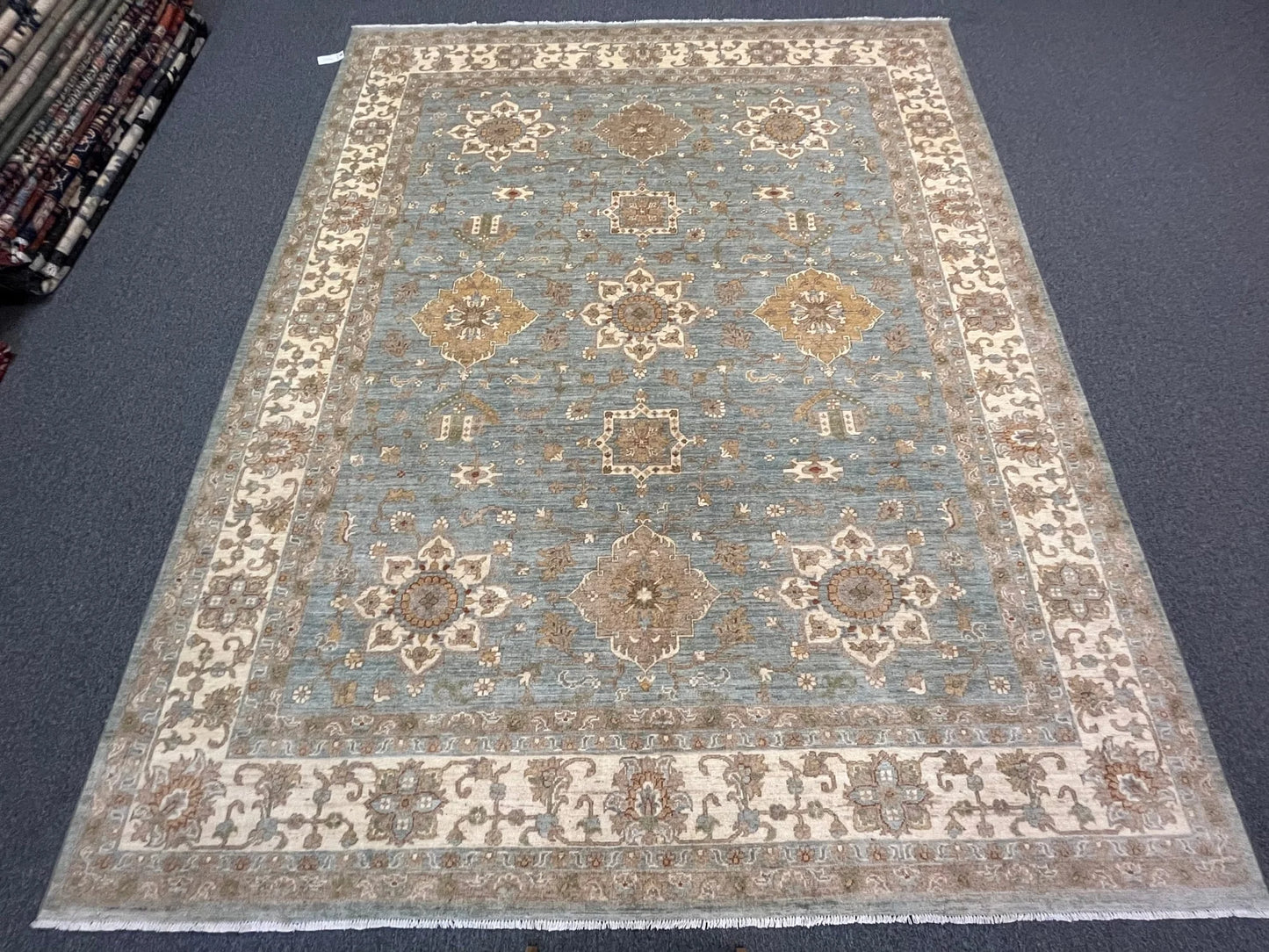 8X10 Oushak Chobi Light Blue/Ivory Handmade Wool Rug # 13359