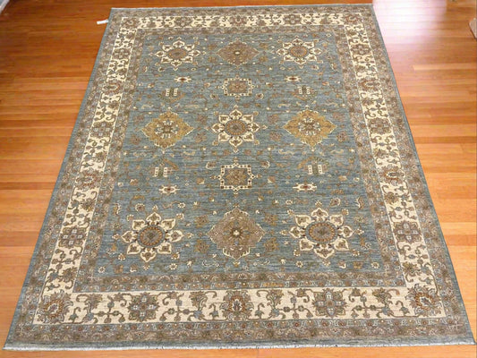 8X10 Oushak Chobi Light Blue/Ivory Handmade Wool Rug # 13359