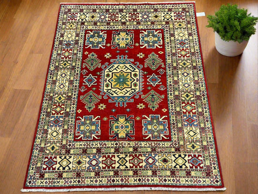 Kazak Geometric Red 5X6 Handmade Wool Rug # 13042