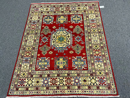 Kazak Geometric Red 5X6 Handmade Wool Rug # 13042