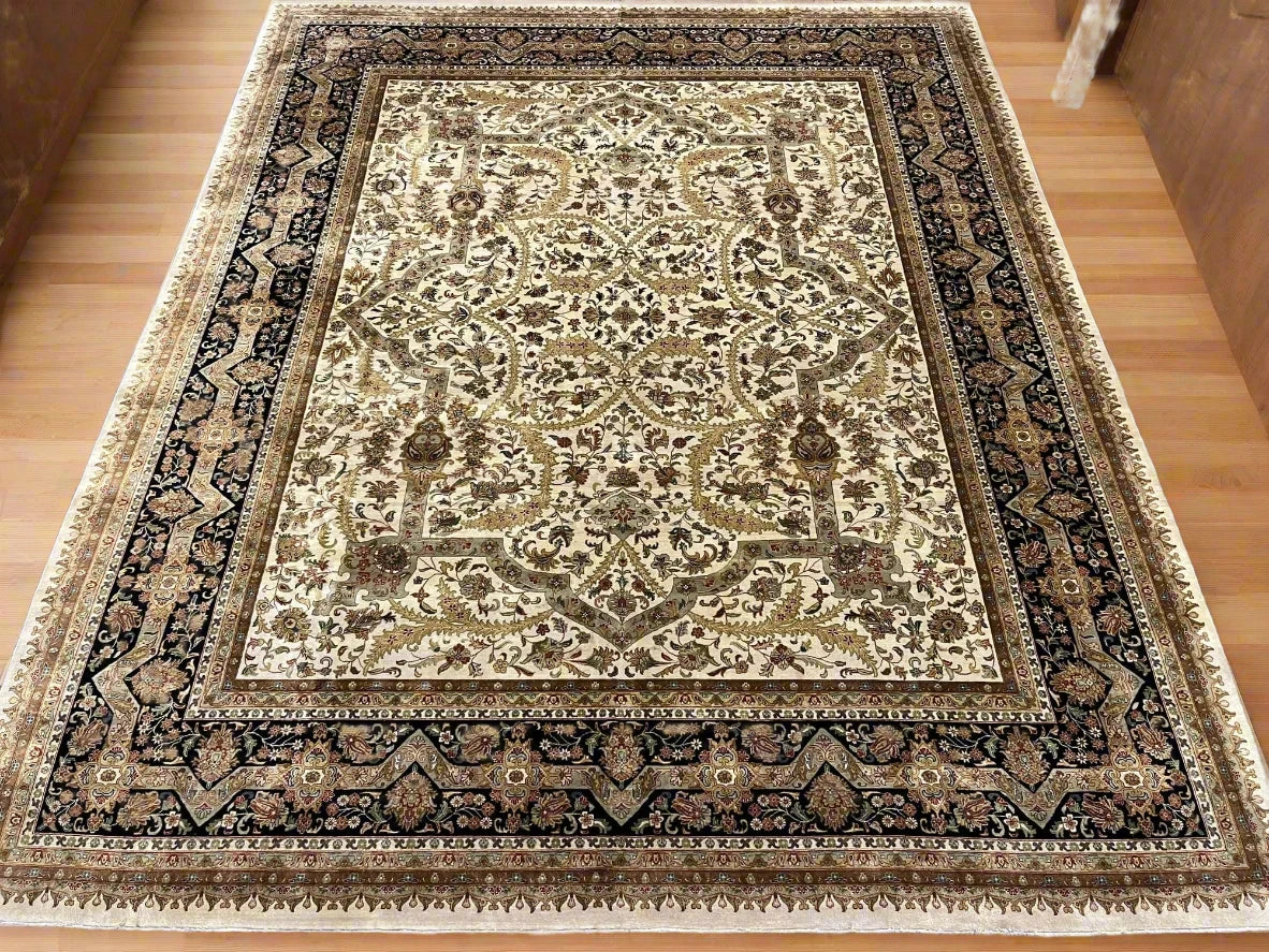 12X14 Indo Agra Beige/Black Handmade Wool Rug # 13424