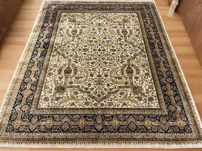 12X14 Indo Agra Beige/Black Handmade Wool Rug # 13424