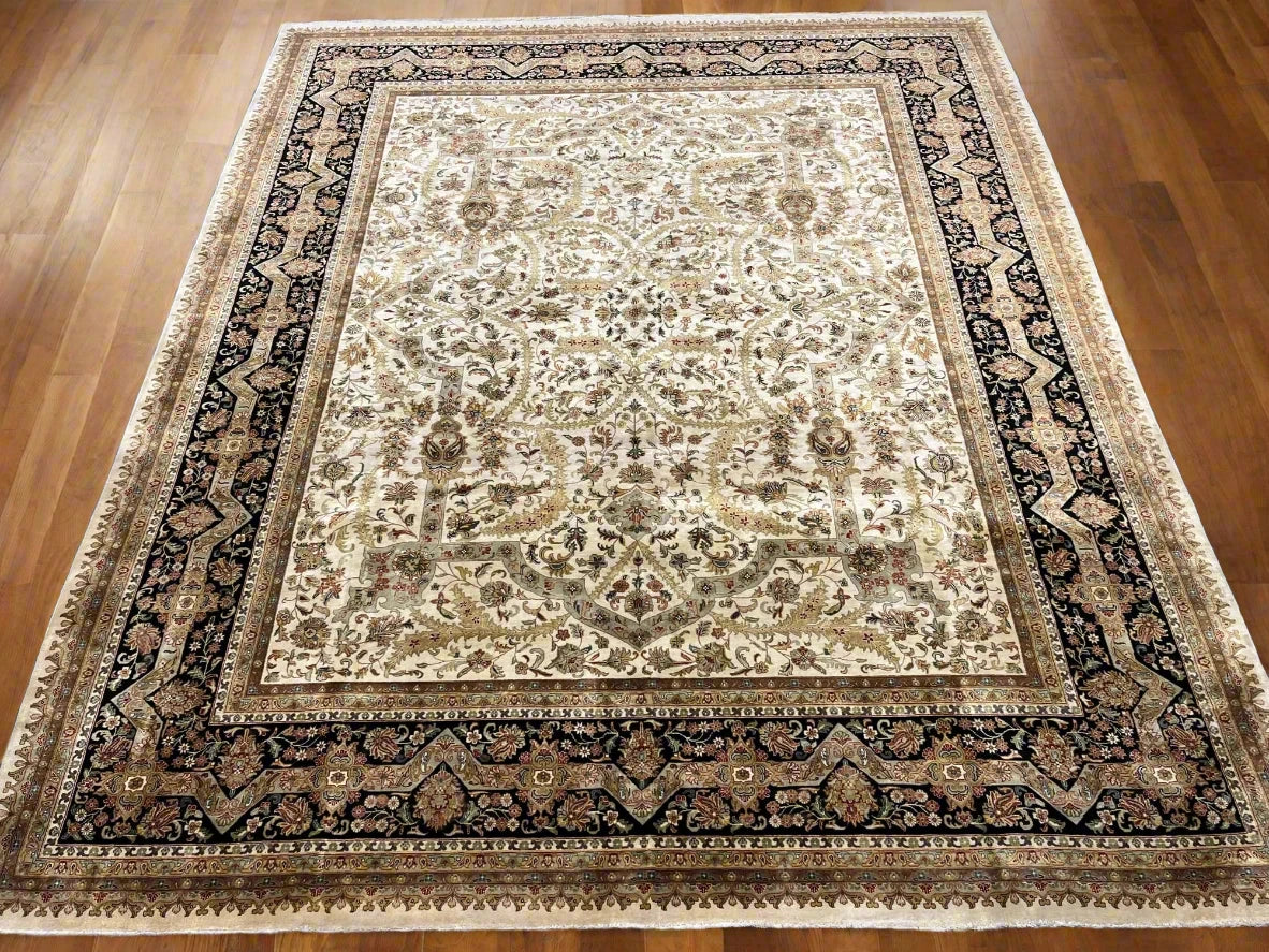 12X14 Indo Agra Beige/Black Handmade Wool Rug # 13424