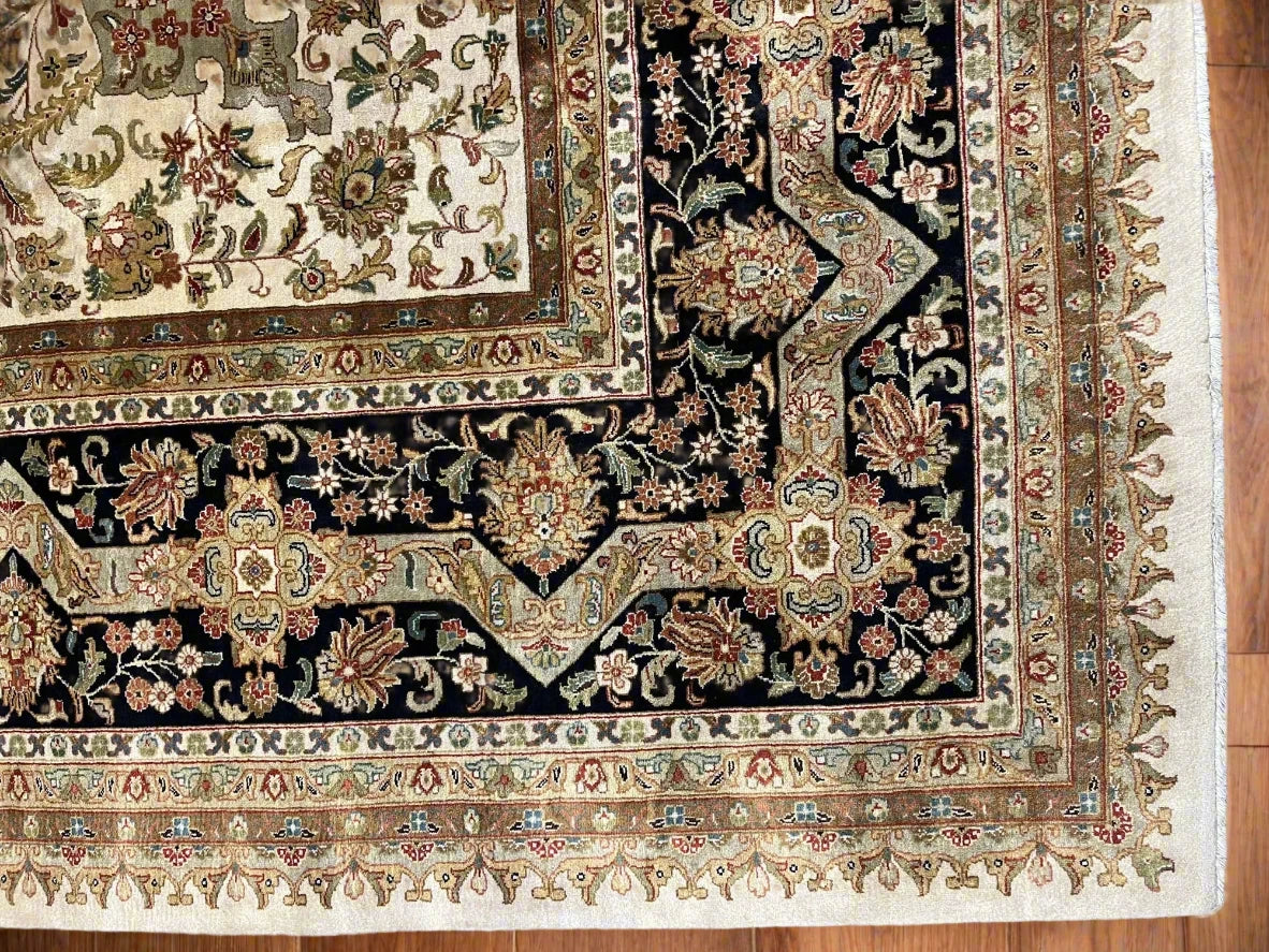 12X14 Indo Agra Beige/Black Handmade Wool Rug # 13424